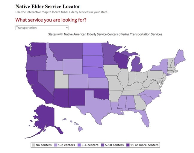 US Map showing states with Native American Elderly Service Centers offering Transportation Services.