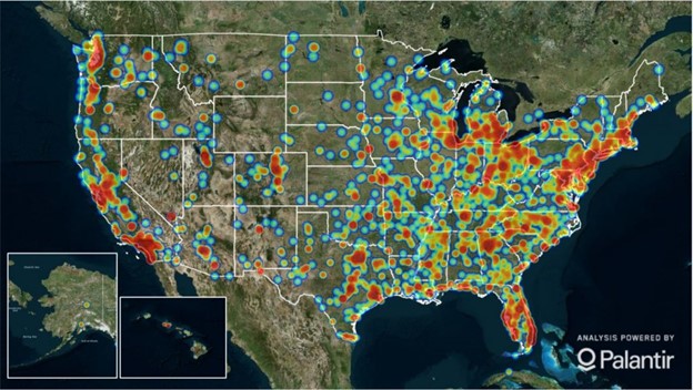 Map of the US showing locations of human trafficking spread across the country, more heavily where larger cities are located, especially in the east half and along the west coast.